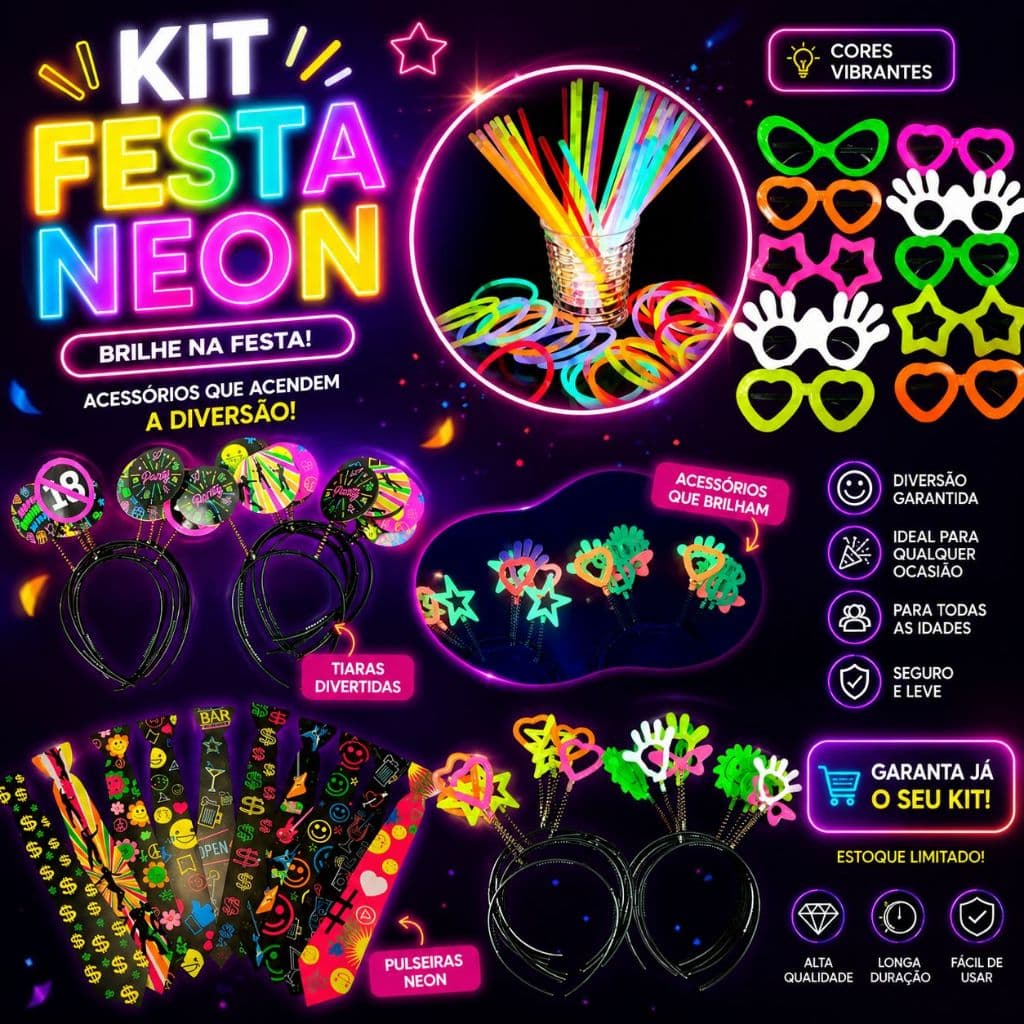 Kit 130 peças Festa Neon Pulseira Tiara Gravata e Oculos Aniversario Casamento Brilha na Luz Negra