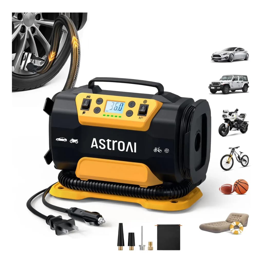 Bomba elétrica portátil AstroAI para calibrar pneus,com compressor de ar de 150 PSI,dois motores de metal e duas fontes
