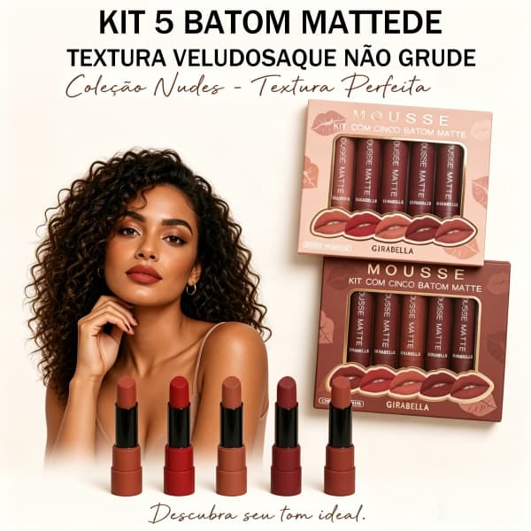 Mousse Conjunto 5 Cores Batom Matte - Acabamento Fosco, Longa Duração e Hidratante