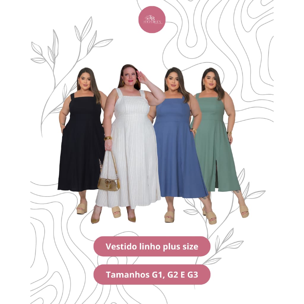 Vestido feminino comprimento midi, plus size em tecido linho, elastex nas costas, com bolso lateral
