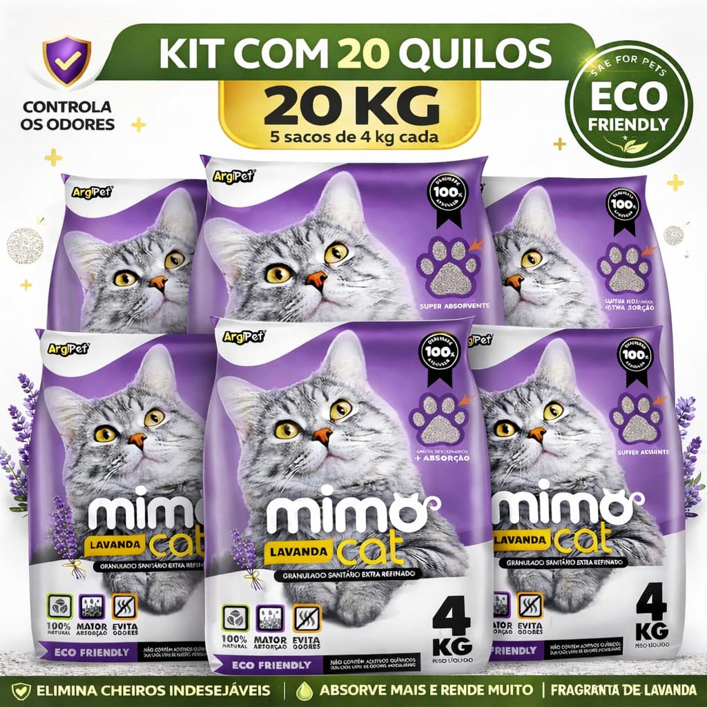 Mimo Cat Lavanda 20KG – Kit 5 Pacotes | Sem Cheiro, Ultra Absorvente, Melhor Custo-Benefício