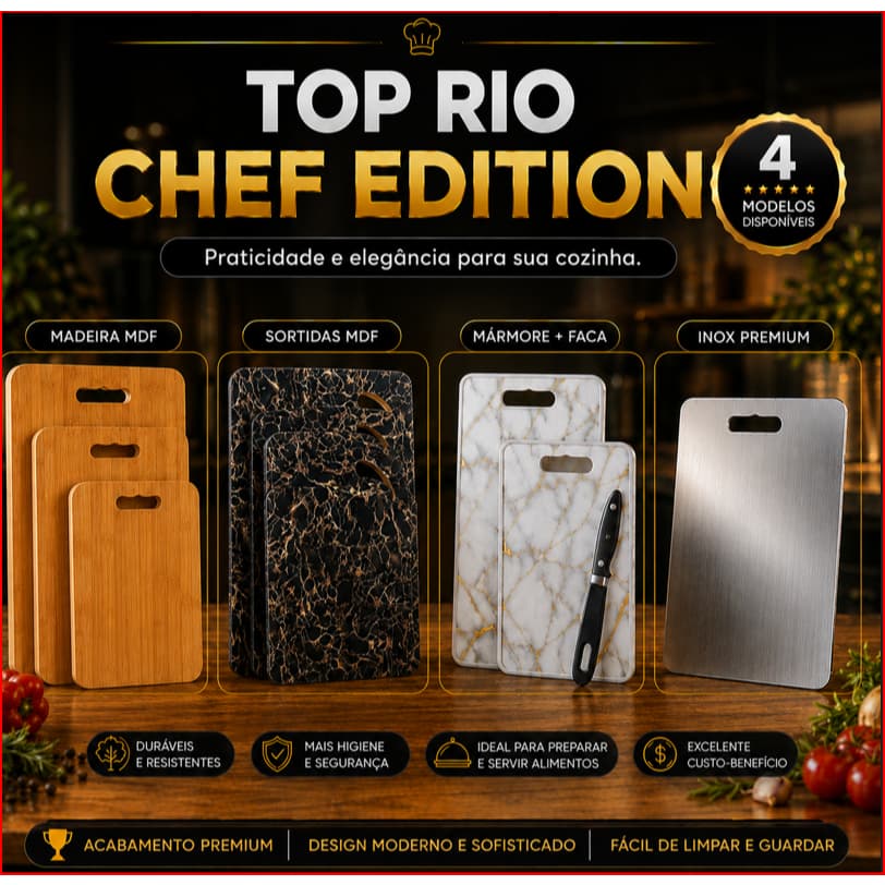 Kit Tábuas de Corte Cozinha Madeira Marmorizada Inox Com Faca Sortida TOP RIO Corte Carne