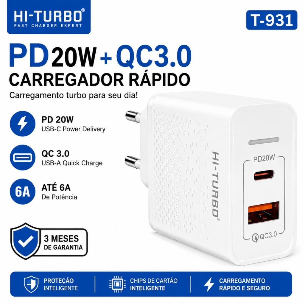 Carregador Turbo Hi-Turbo T-931A PD20W QC3.0 USB-C USB Rápido 20W 6A Cabo Não Incluso