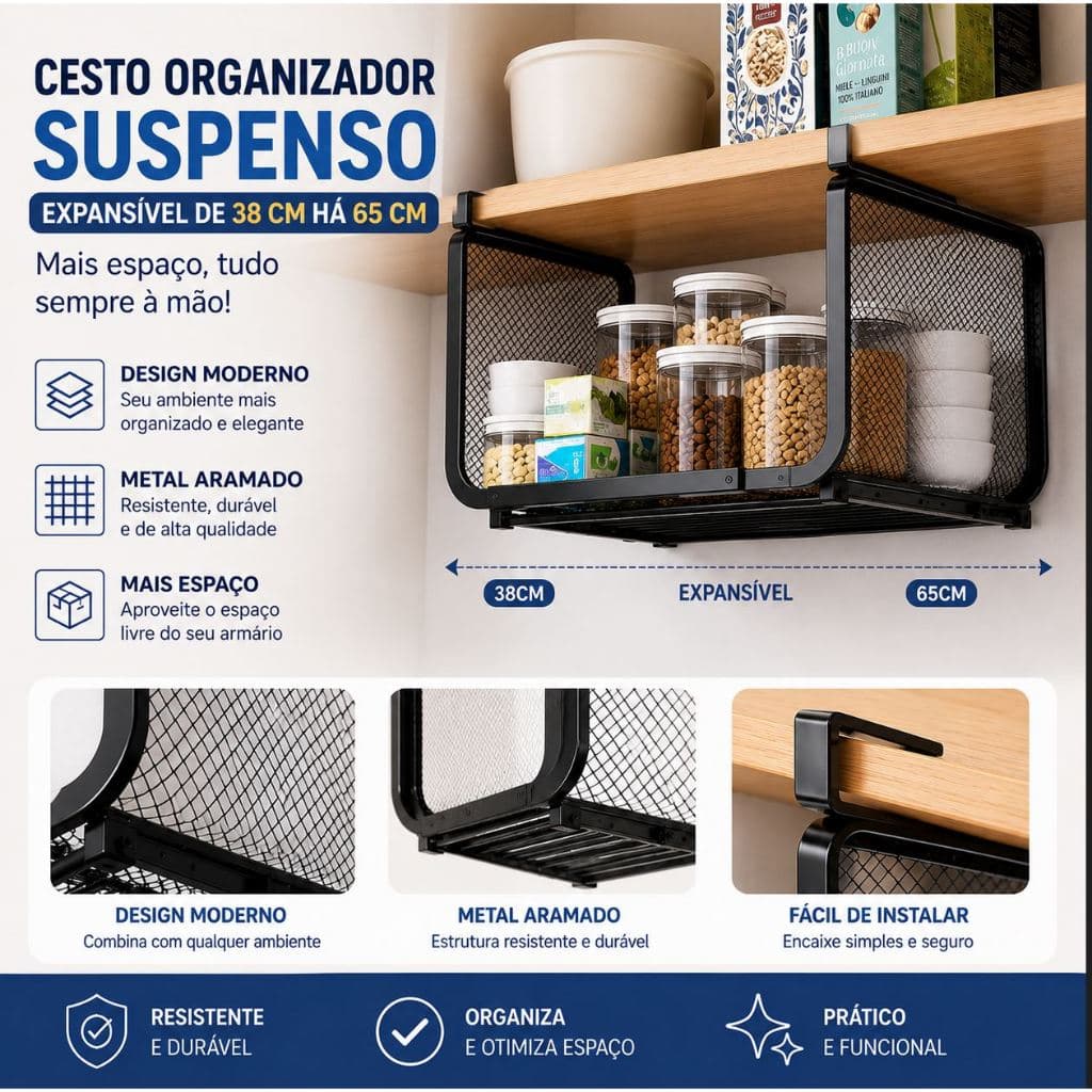 Cesto Organizador Suspenso Expansível 38 a 65cm Metal Aramado Para Armário Cozinha Suporta 5kg
