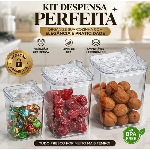 Kit 3 Potes Herméticos Quadrados Multiuso Tampa Armazenamento Frescor Organização Cozinha
