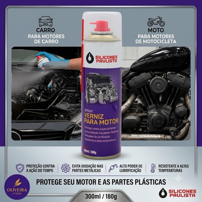 Spray Verniz para Motor Carro ou Moto 300ml Proteção e Brilho Silicones Paulista