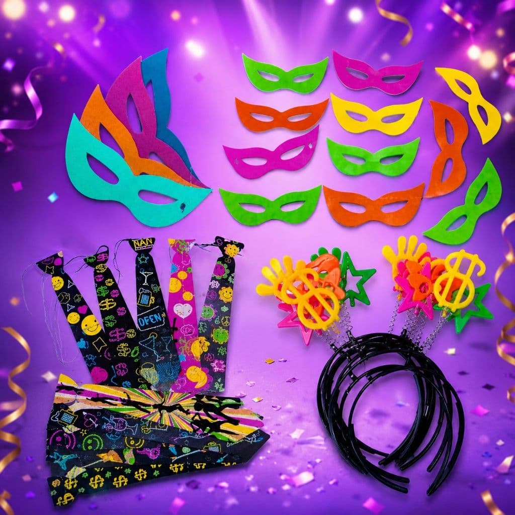 Kit 50pçs Neon Brilha na Luz Negra 20 Gravatas 20 Máscaras 10 Tiaras Festa Casamento