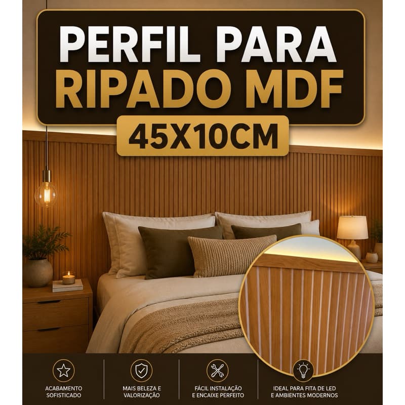 Perfil Ripado MDF 45x3cm Perfil Acabamento Painel Madeira Decorativo Parede Luxo Fita Dupla Face