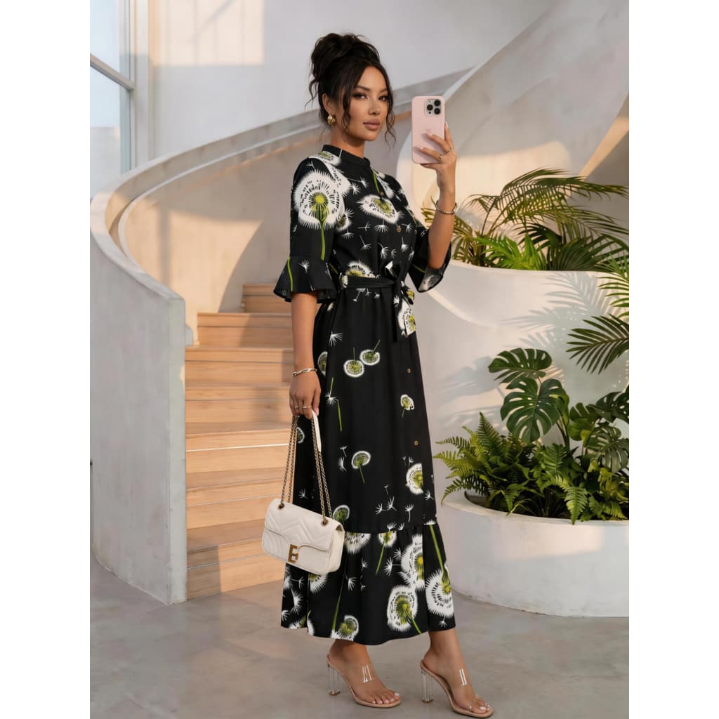 Vestido Longo Manga Meio Elegante Com Cinto E Estampa Floral, Adequado Para Festas E Eventos
