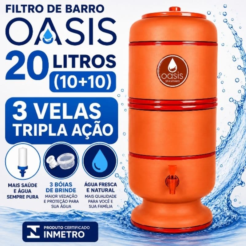 Filtro de Barro Oasis 20 Litros (10+10) | 3 Velas Tripla Ação + 3 Bóias Grátis | Selo Inmetro | Água Pura e Natural