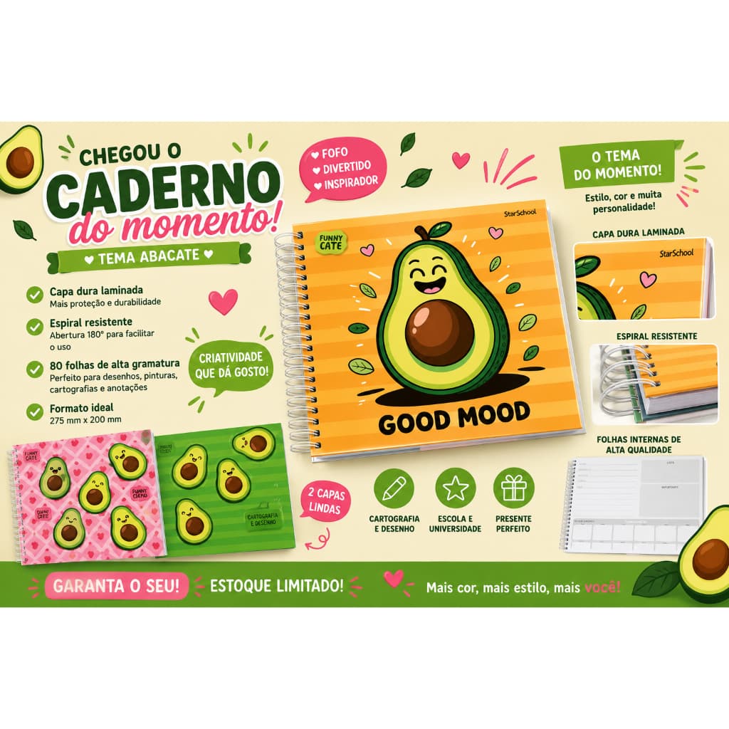 Caderno Abacate Funny Cate Cartografia e Desenho 80 Folhas Capa Dura Espiral Tema do Momento EscolarFofo Kawaii Jandaia