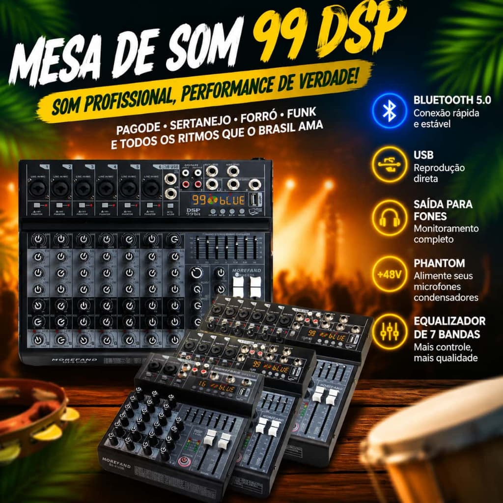 Mesa de Som Profissional MOREFAND DJ 4/6/8 Canais 99 DSP Bluetooth 5.0 Phantom 48V EQ 7 Bandas USB Gravação e Lives