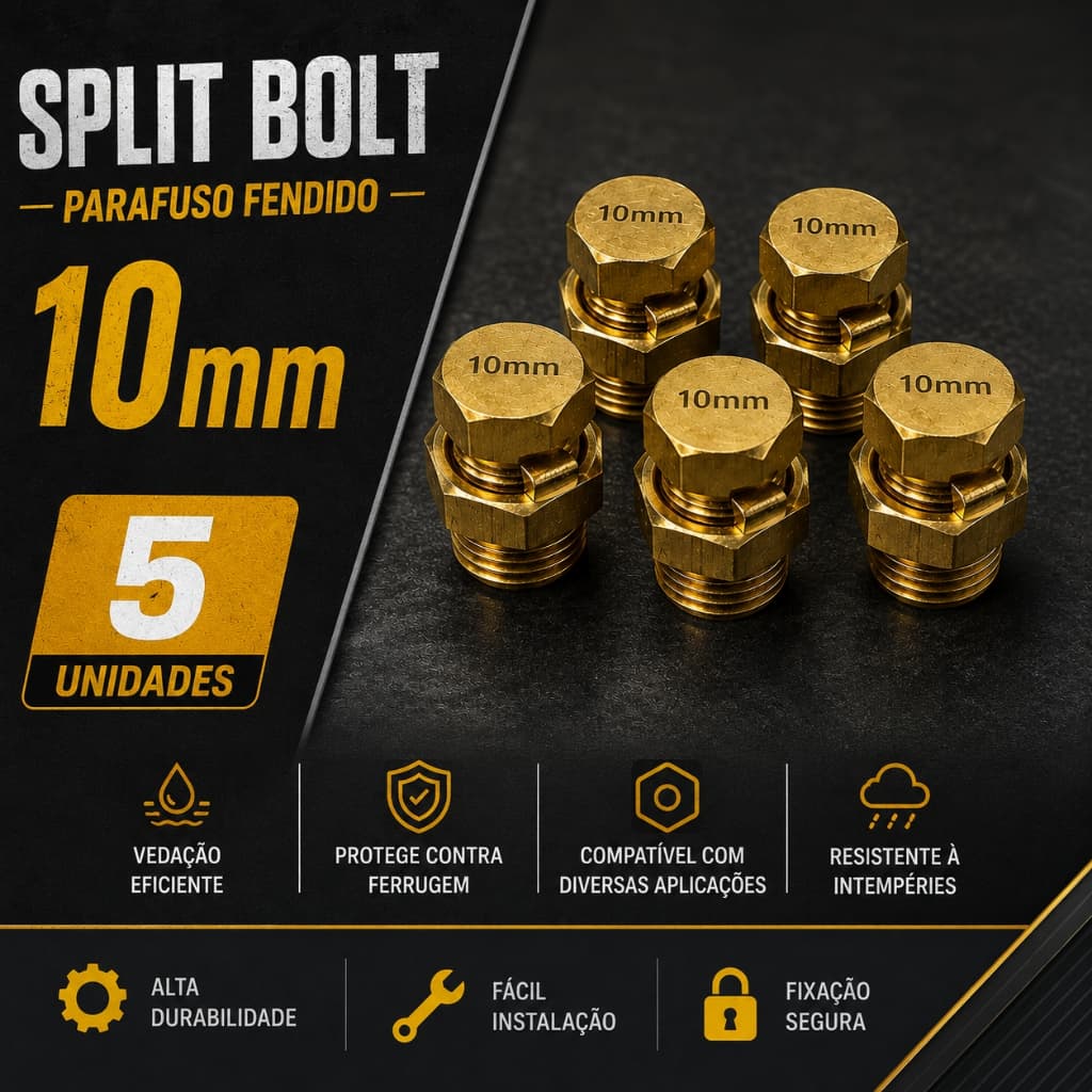 Kit 5 Conector Split Bolt Parafuso Fendido Fio E Cabo 10mm Dourado
