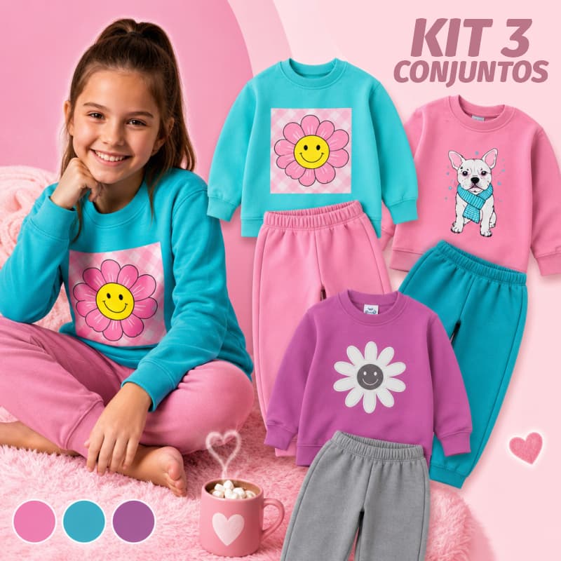 Kit 3 Conjuntos Moletom Infantil Menina Inverno Quentinho Feminino Peluciado 6 Peças 1 A 14 Anos