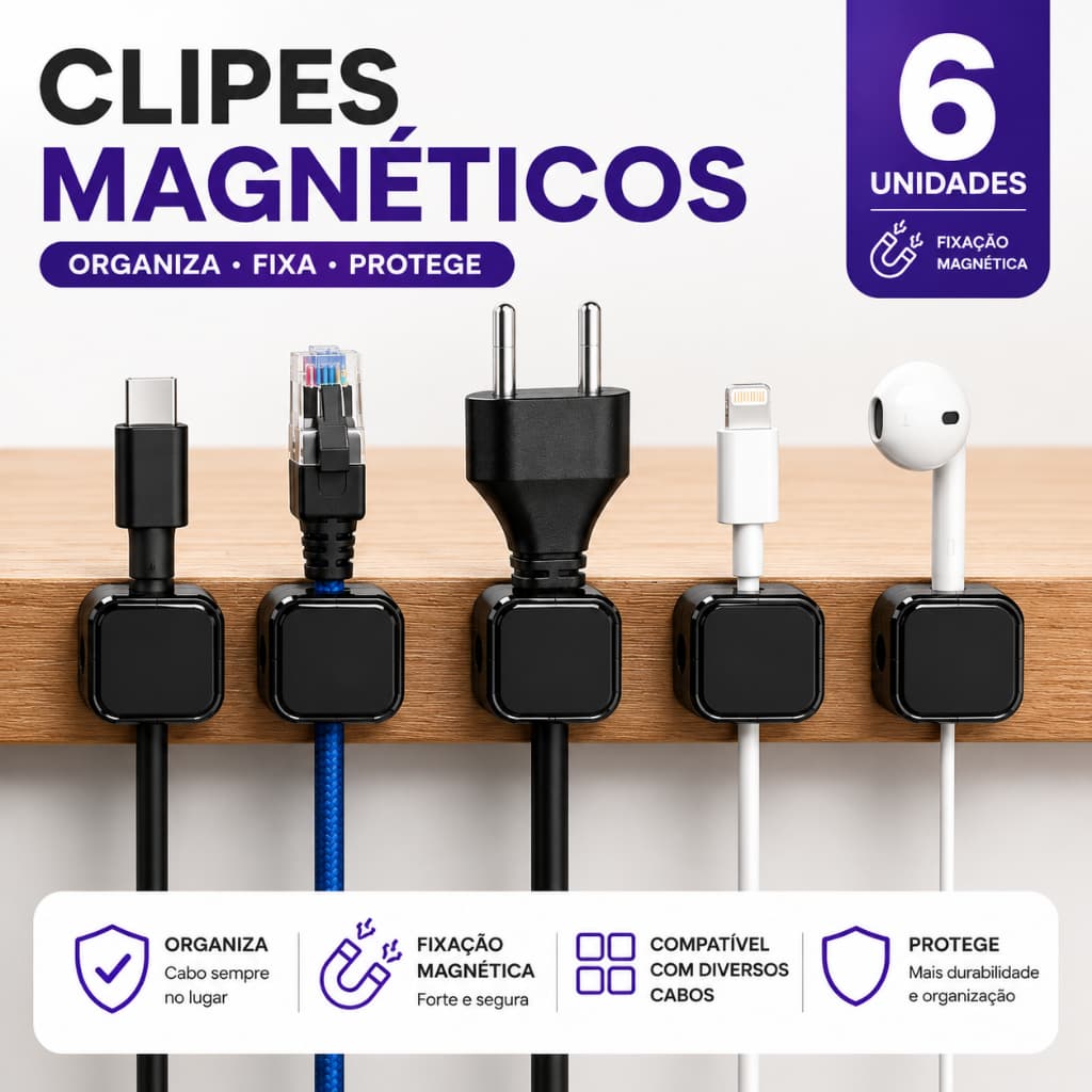 Clip Magnético Organizador de Cabos Fio Kit com 6 Autocolante Adesivo