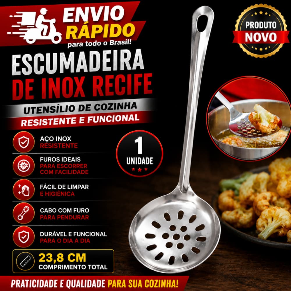 1 Un Escumadeira de Inox Recife 23,8cm  Utensílio de Cozinha Resistente e Funcional Para Cozinha