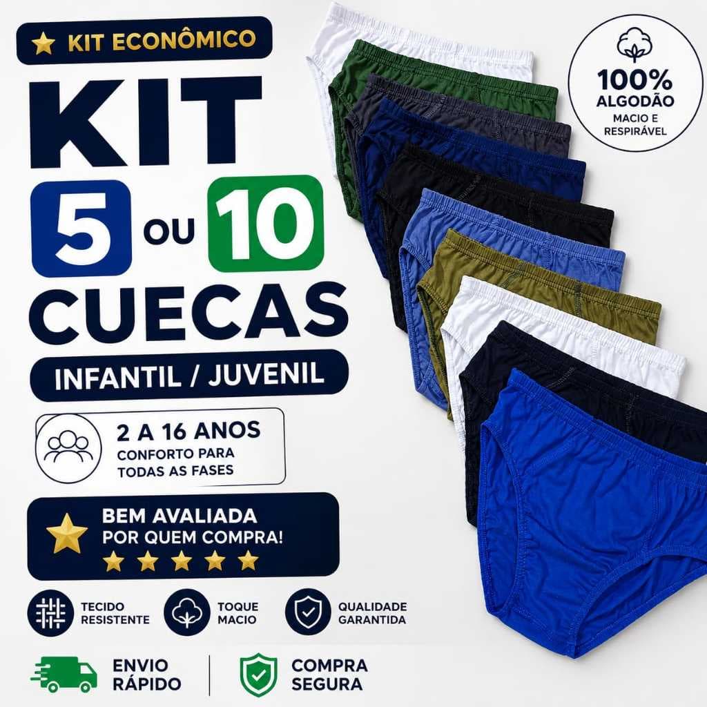 Kit 5 ou 10 Cuecas Menino Infantil Juvenil 100% Algodão Confortável 2 a 16 Anos