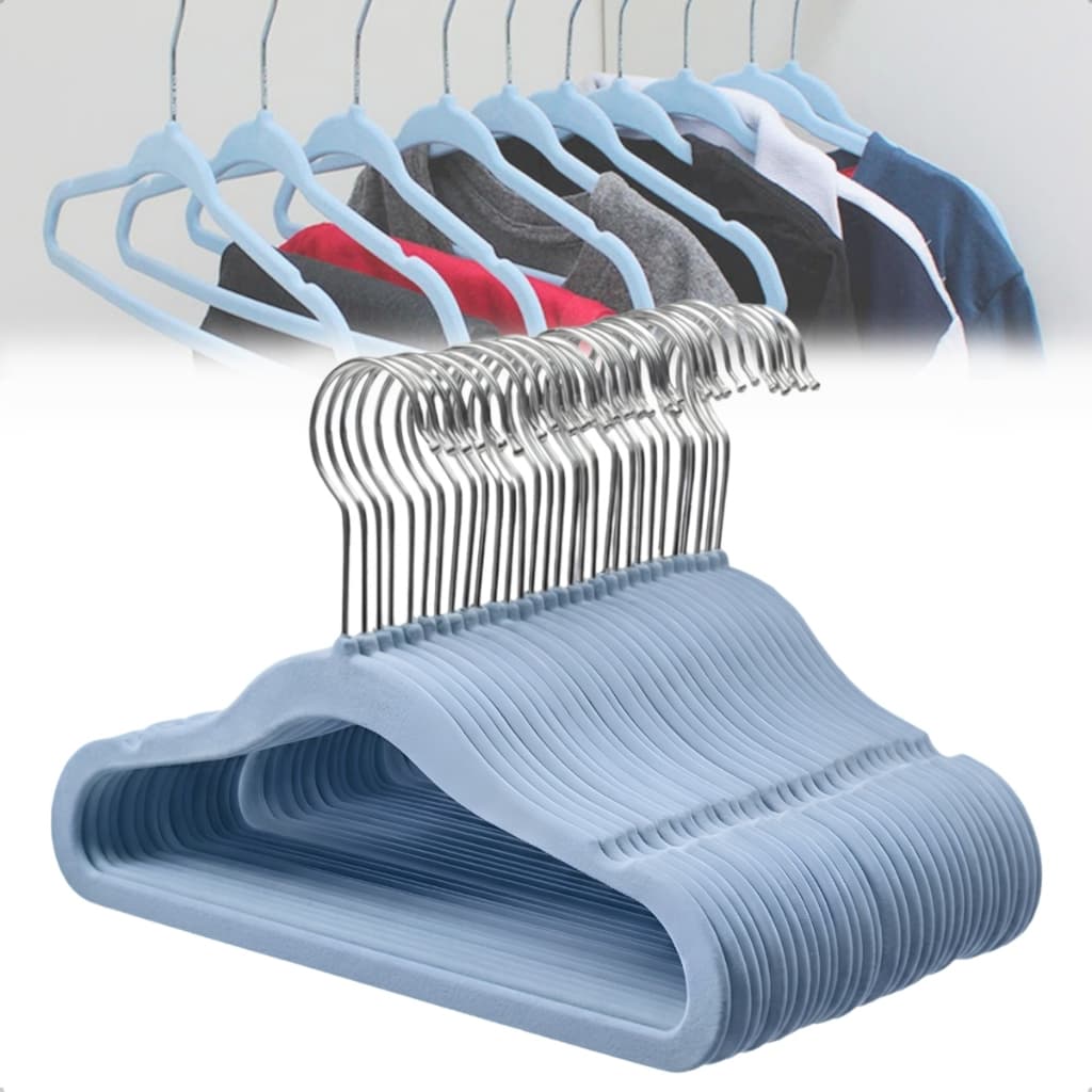 Kit 10 Cabides Veludo Infantil Para Roupas Antiderrapante Slim Azul