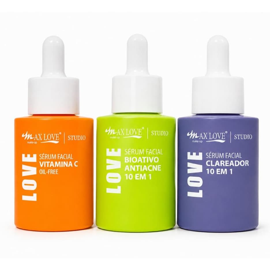 Kit Sérum Facial Max Love – Vitamina C + Bioativo Antiacne 10 em 1 + Clareador 10 em 1