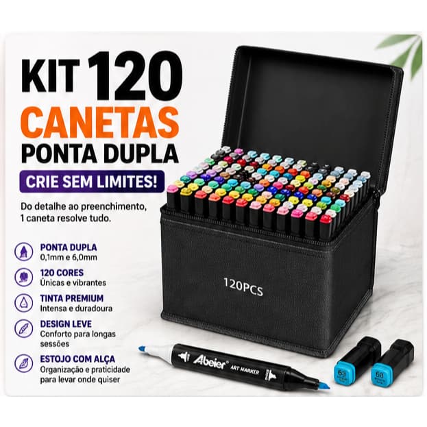 Kit 120 Canetas Coloridas Ponta Dupla Fina e Grossa com Estojo - Desenho Mandala Bullet Journal