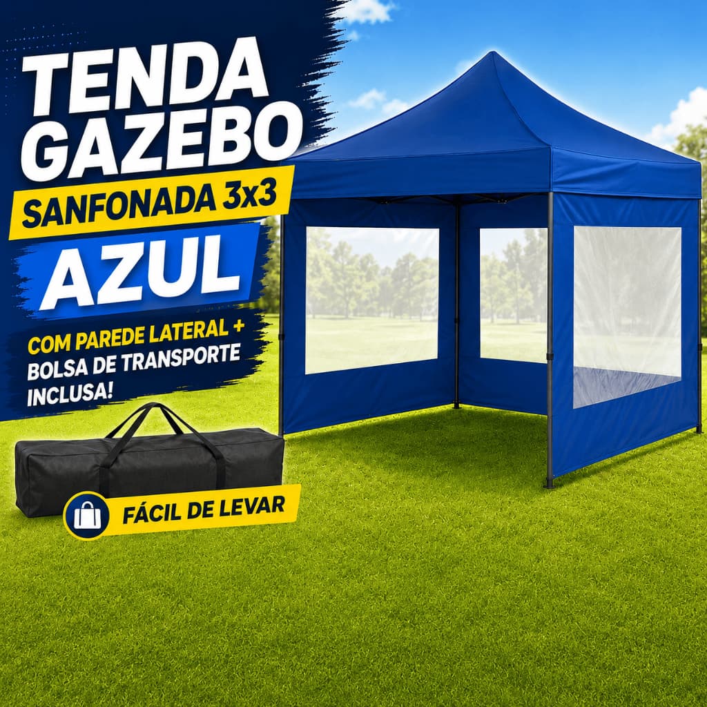 Tenda Gazebo Sanfonada Azul 3x3 Com Parede Lateral E Bolsa Transporte Dobrável Reforçada Top