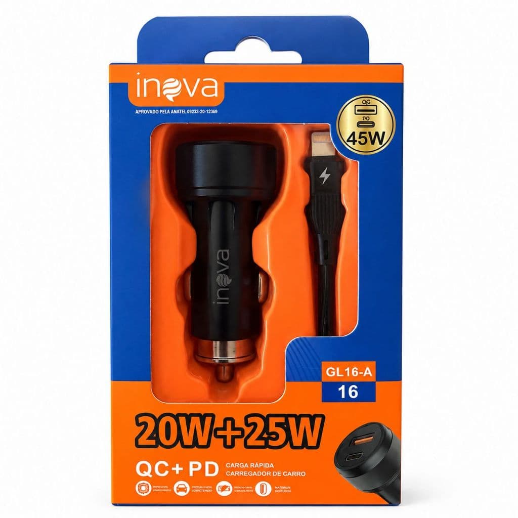 Carregador Veicular Inova 45W QC PD Turbo USB Cabo IPhone Lightning l6 Carro 12V 24V Rápido