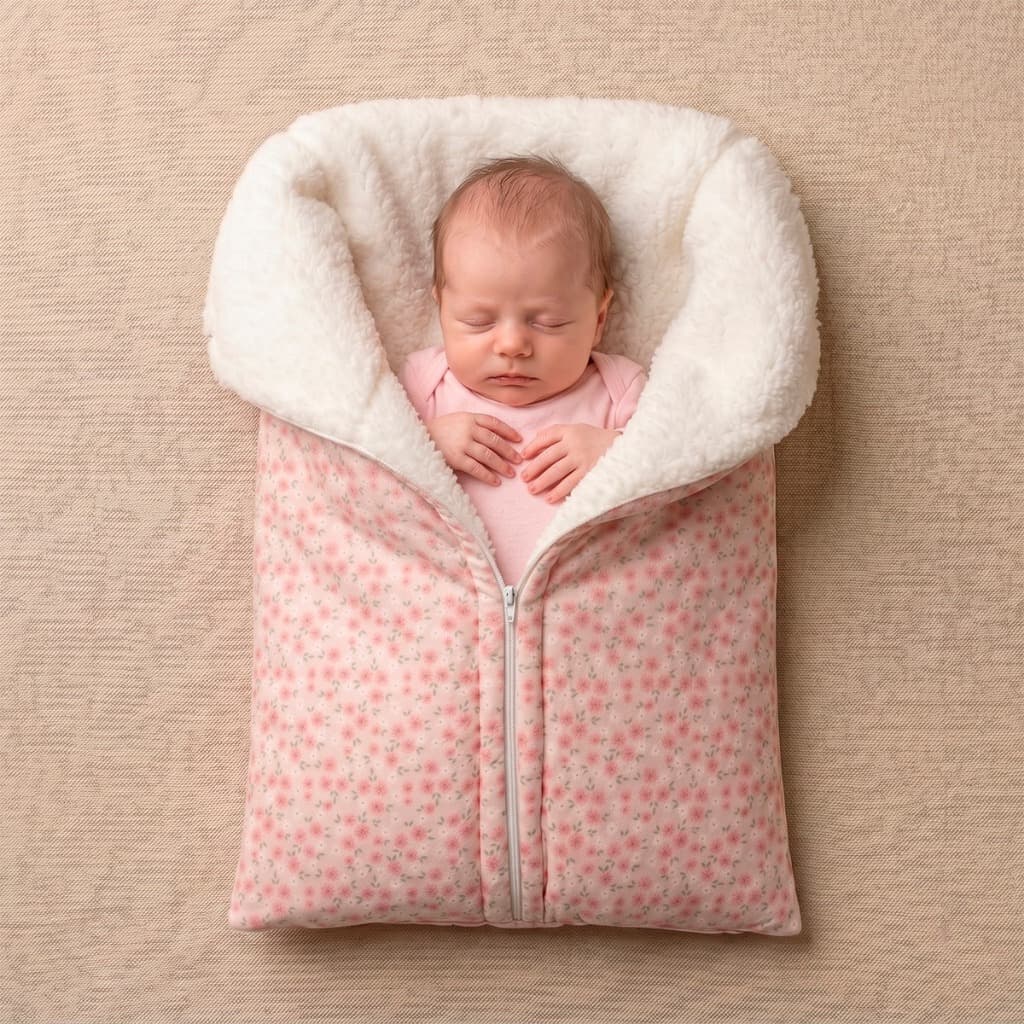 Saco Porta Bebê Menina Plush Com Forro Sherpa Estampa Margaridas Rosinha Para Dias Frios