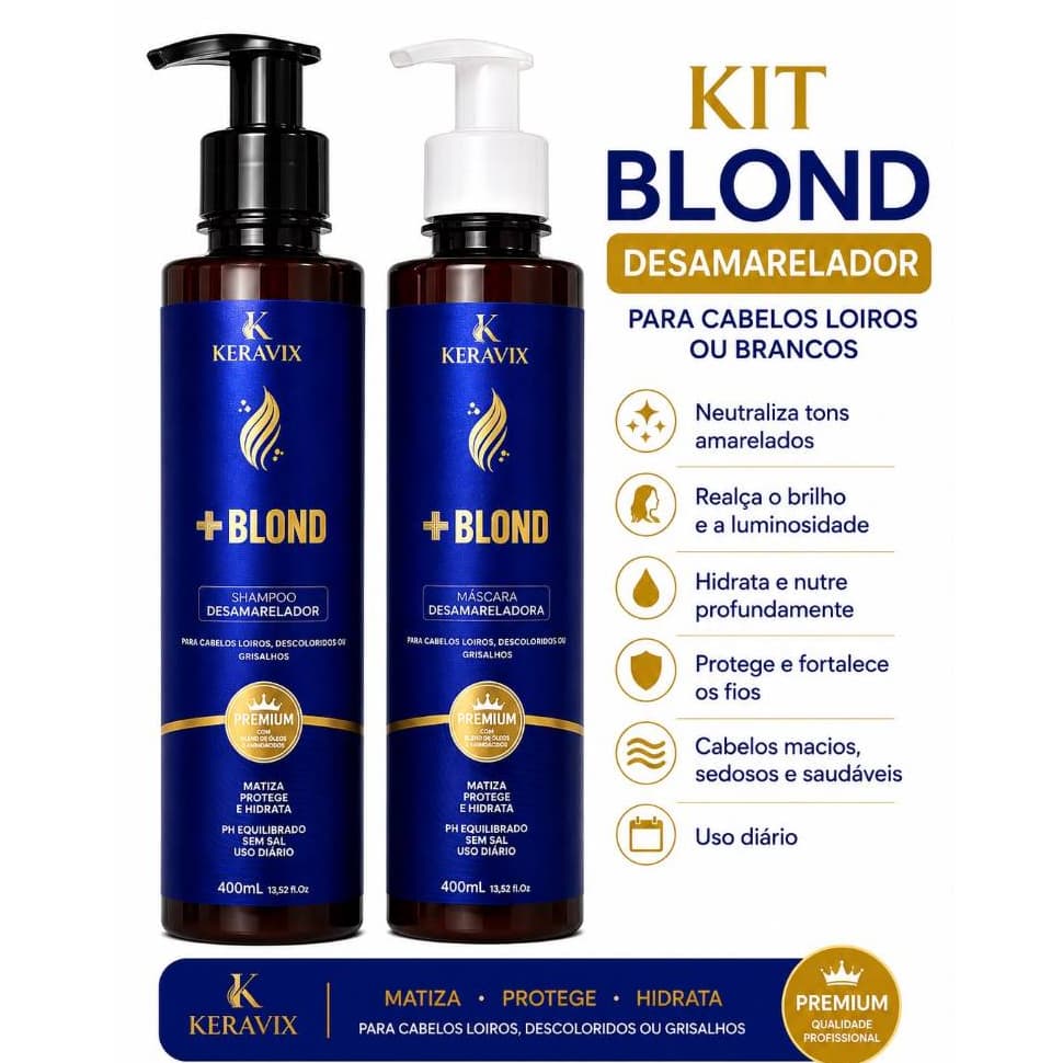 Kit Shampoo e Condicionador Blond Keravix para Cabelos Loiros, Grisalhos e Brancos | Efeito Matizador 400ML cada