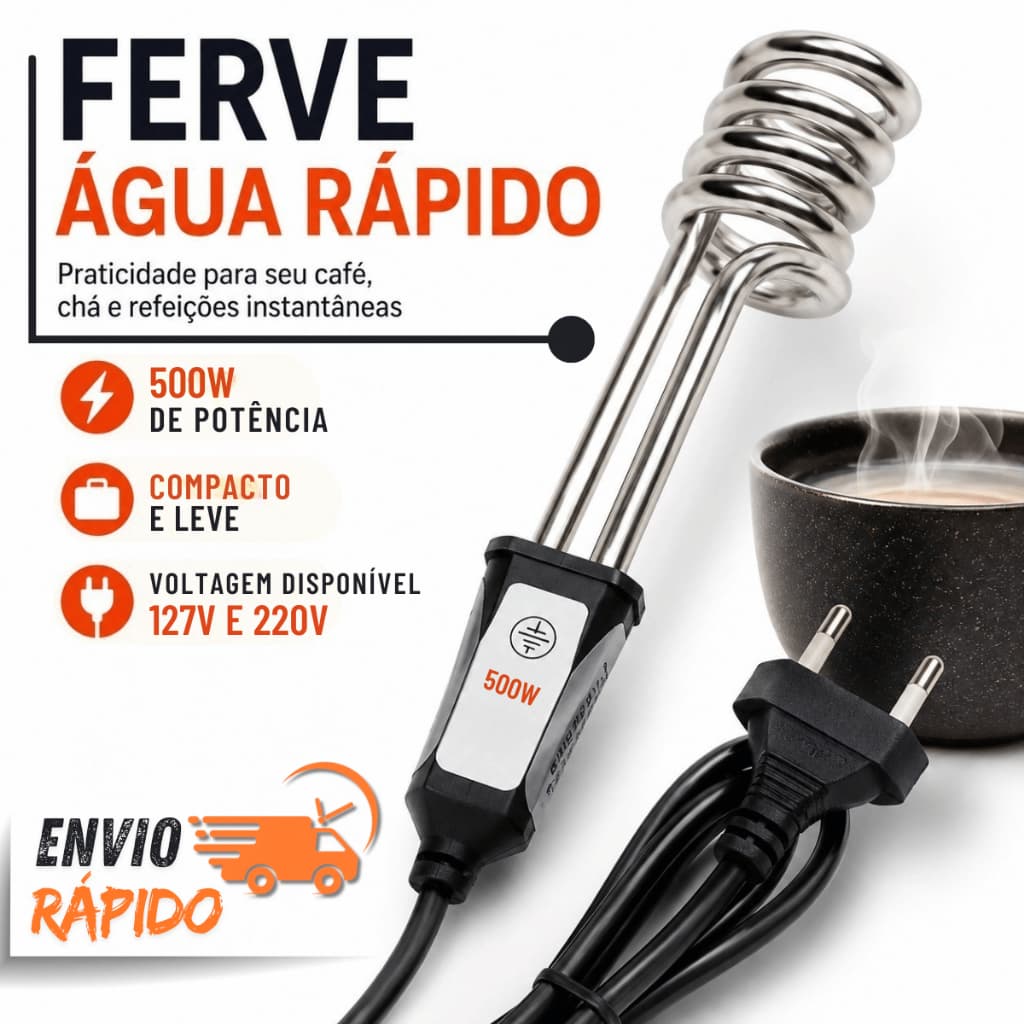 Ebulidor Aquecedor Água Elétrico Rabo Quente 500W Mergulhão Ferver Rápido Imersão 127V 220V Camping