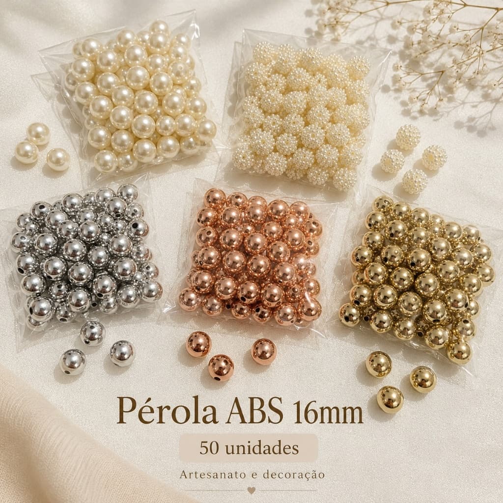 Pérola ABS 16mm 50 Unidades Para Artesanato Laços Bijuterias e Decoração