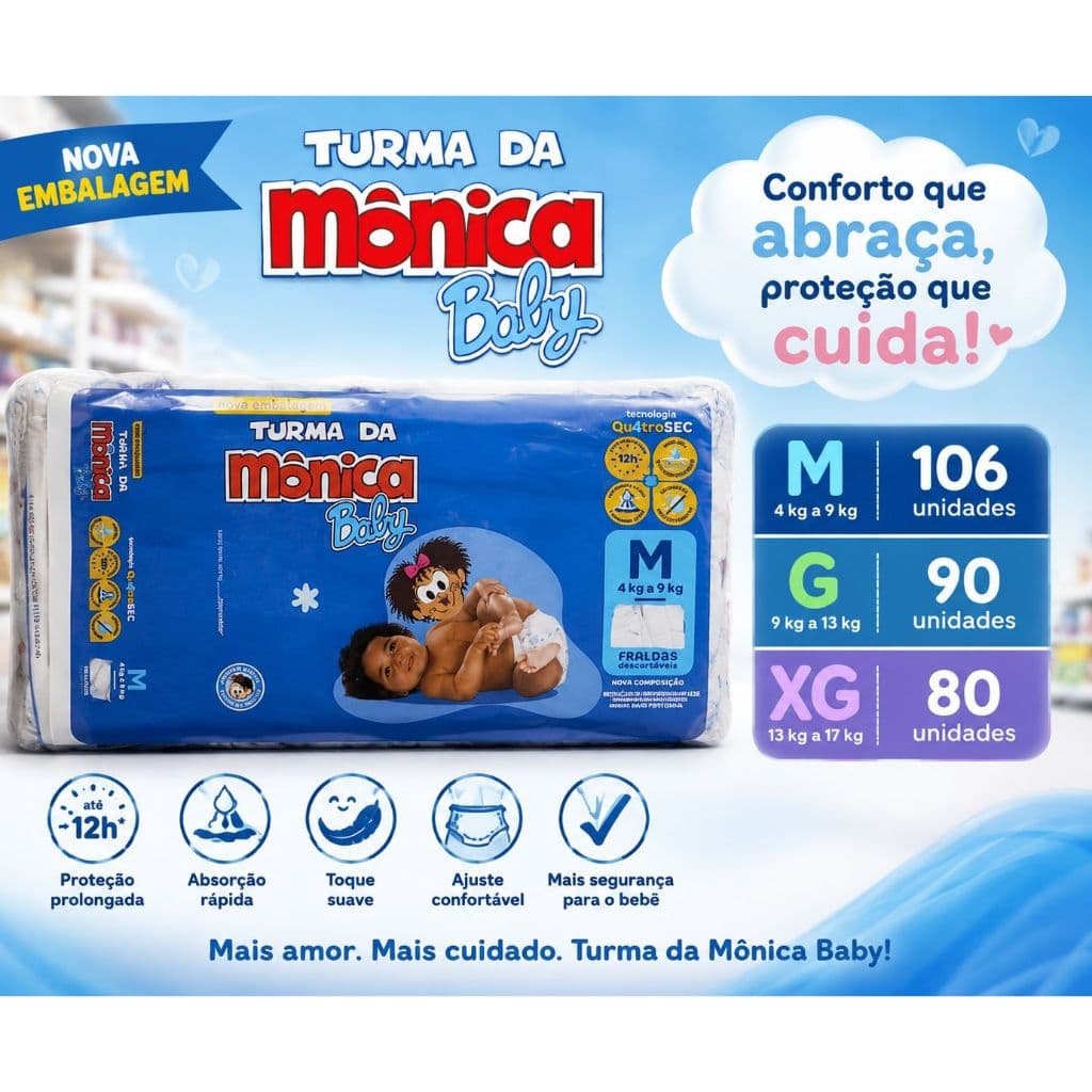 Fralda Turma Da Monica   ( PACOTÃO )   M 106 - G 90 - EG 80  Unidades Pacotão 1º Linha .