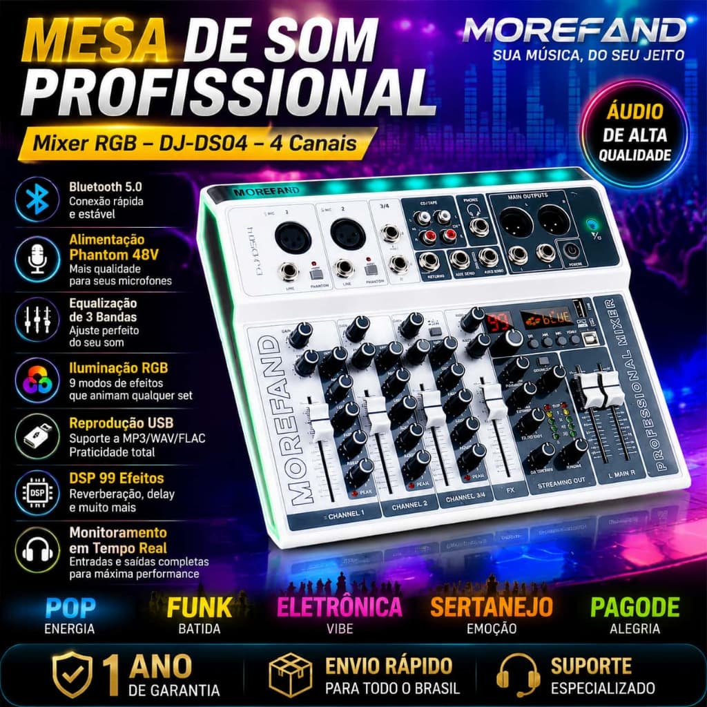 Mesa de Som Profissional MOREFAND DJ-DS04 4 Canais Bluetooth 5.0 99 Efeitos DSP RGB Phantom 48V Placa de Som