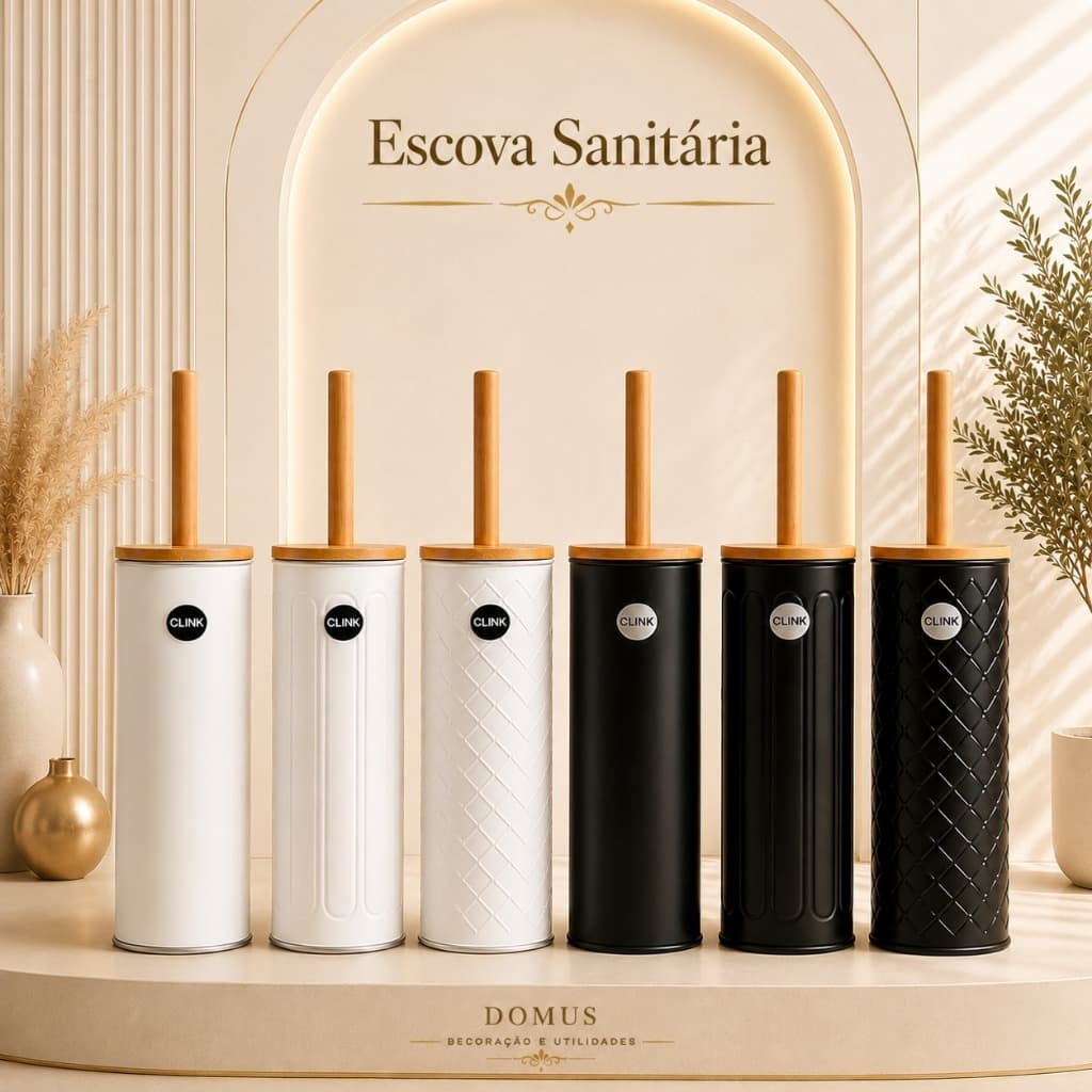 Escova Sanitária Premium Limpeza Higienização Vaso  Metal Premium E Bambu C/Suporte Lavabo Banheiro