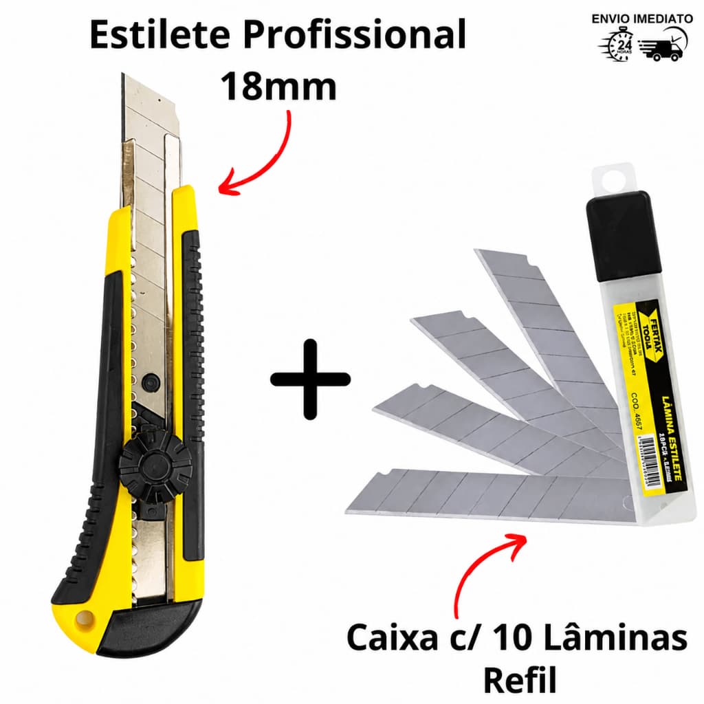 Kit Estilete Profissional Emborrachado com Trava 18mm +10 Laminas
