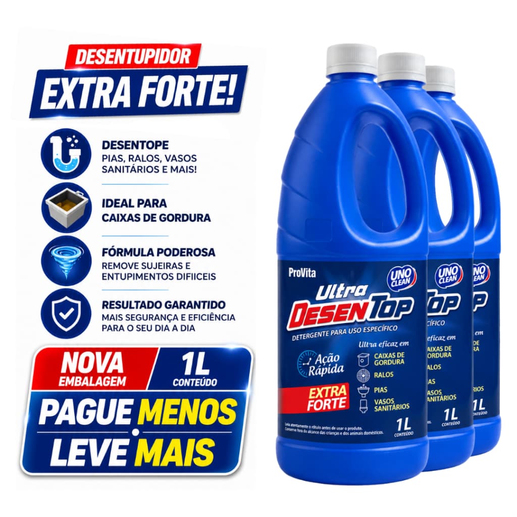 Kit 3 Desentupidor Líquido 1LITRO Ultra Desentop Cano Pia Fossa Vaso Sanitário Cozinha Caixa Gordura