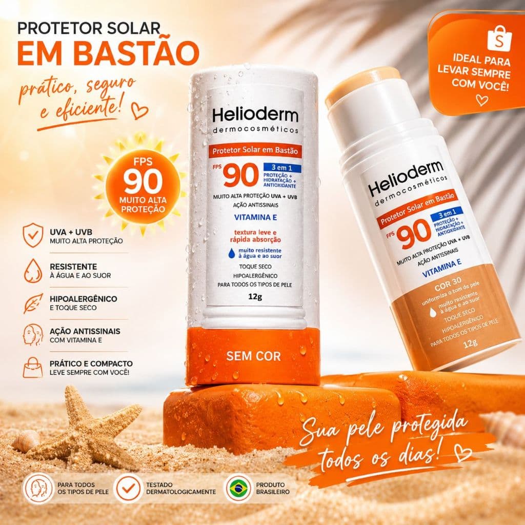 PROTETOR SOLAR EM BASTÃO HELIODERM FPS90 - TOQUE SECO | HIPOALERGÊNICO