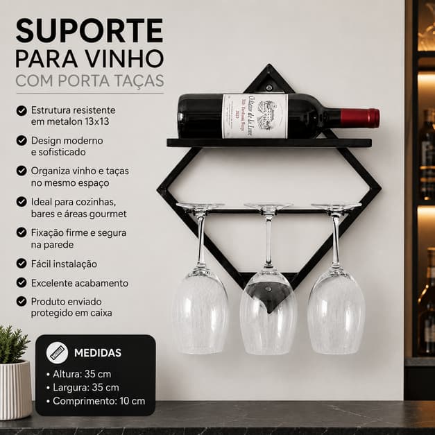 Adega de Parede Moderna Suporte Bebidas Vinho Taças Área Gourmet
