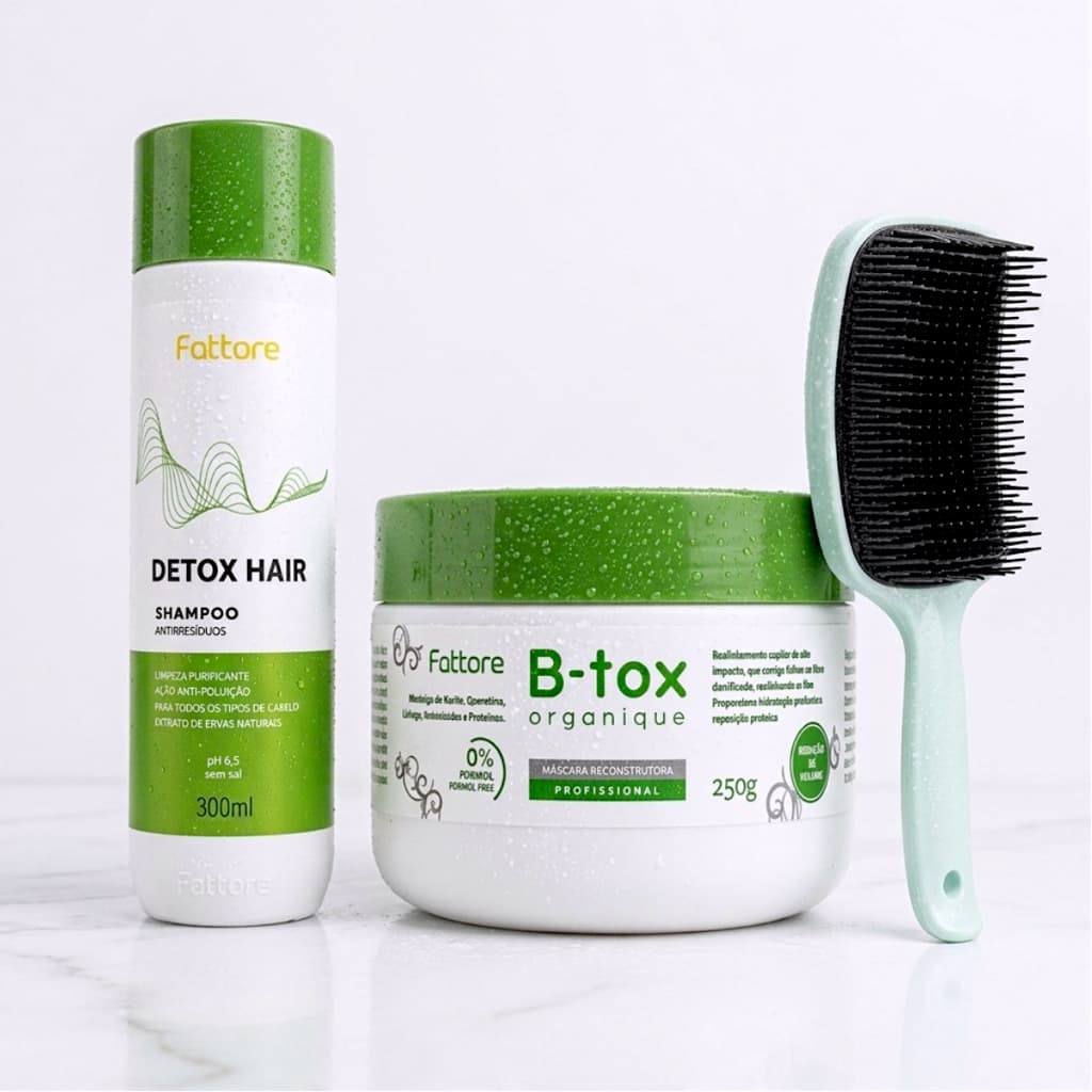 Kit B-tox Organique Profissional 250g Fattore - Realinhamento Sem Formol + Shampoo Detox 300ml + Escova Raquete Curvada