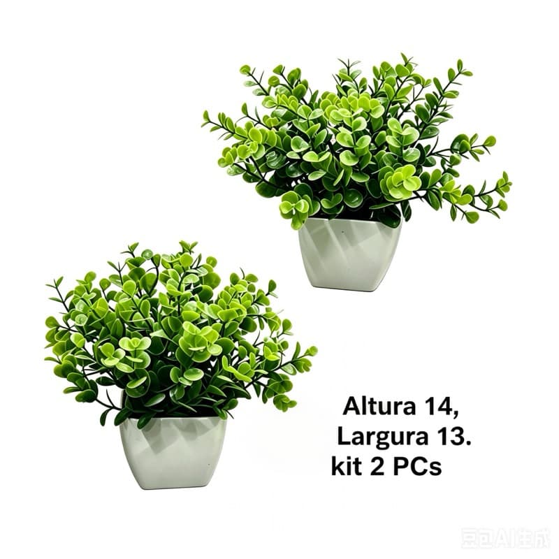 kit de 2 vaso quadrado com planta artificial mini folhas 14cm
