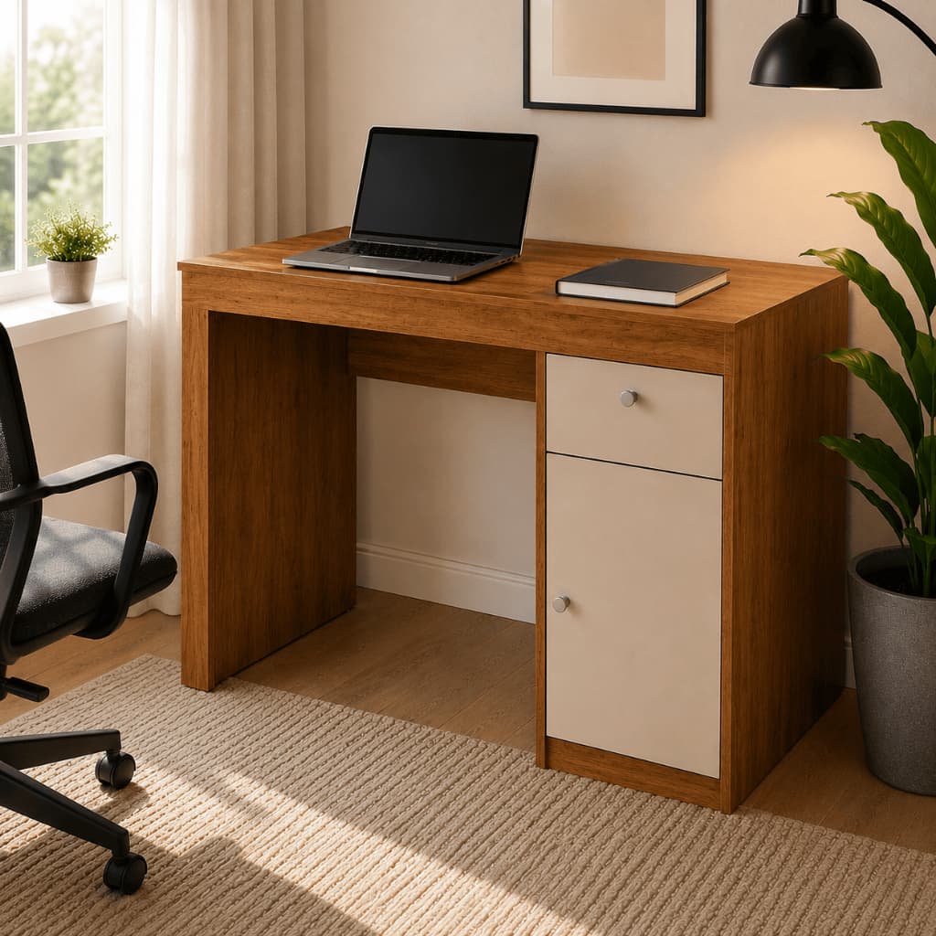 Mesa Escrivaninha Home Office Iris P/ Pc Computador Com 1 Porta E 1 Gaveta Para Escritório E Estudos Cor Nature/Off