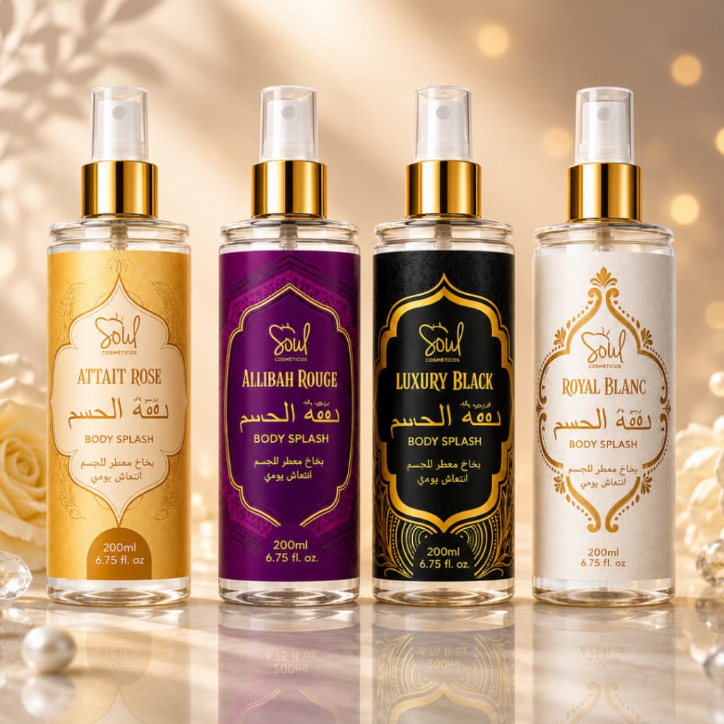 Kit 4 Body Splash Árabe Soul Cosméticos – Masculino e Feminino (Luxury, Attaff Rose, Royal Blanc, Allibah Rouge)