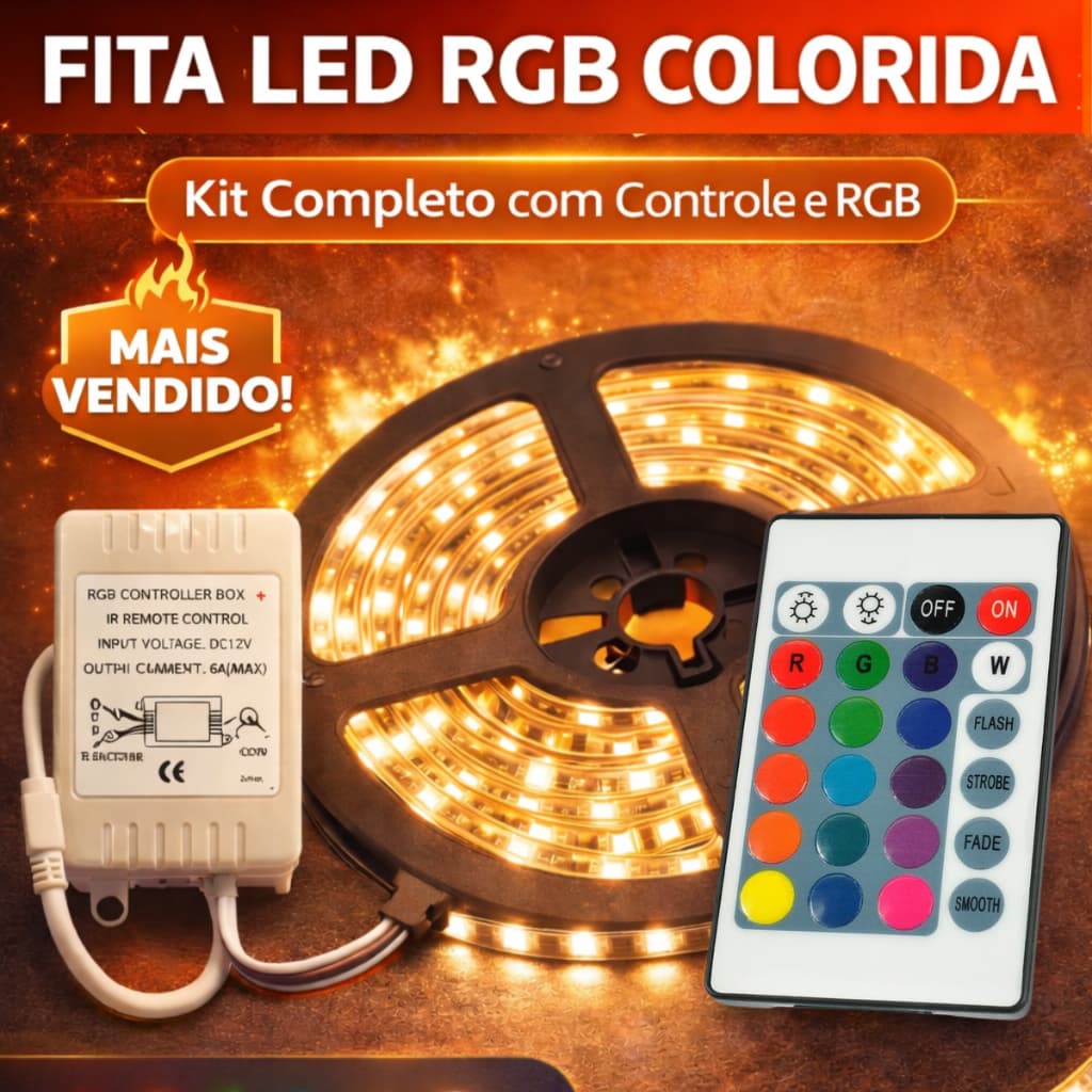 Fita LED RGB 5m com Controle – Colorida e Branco Quente e Frio 16 Cores 12V Kit Sem Fonte Com Fonte Decoração Home Store