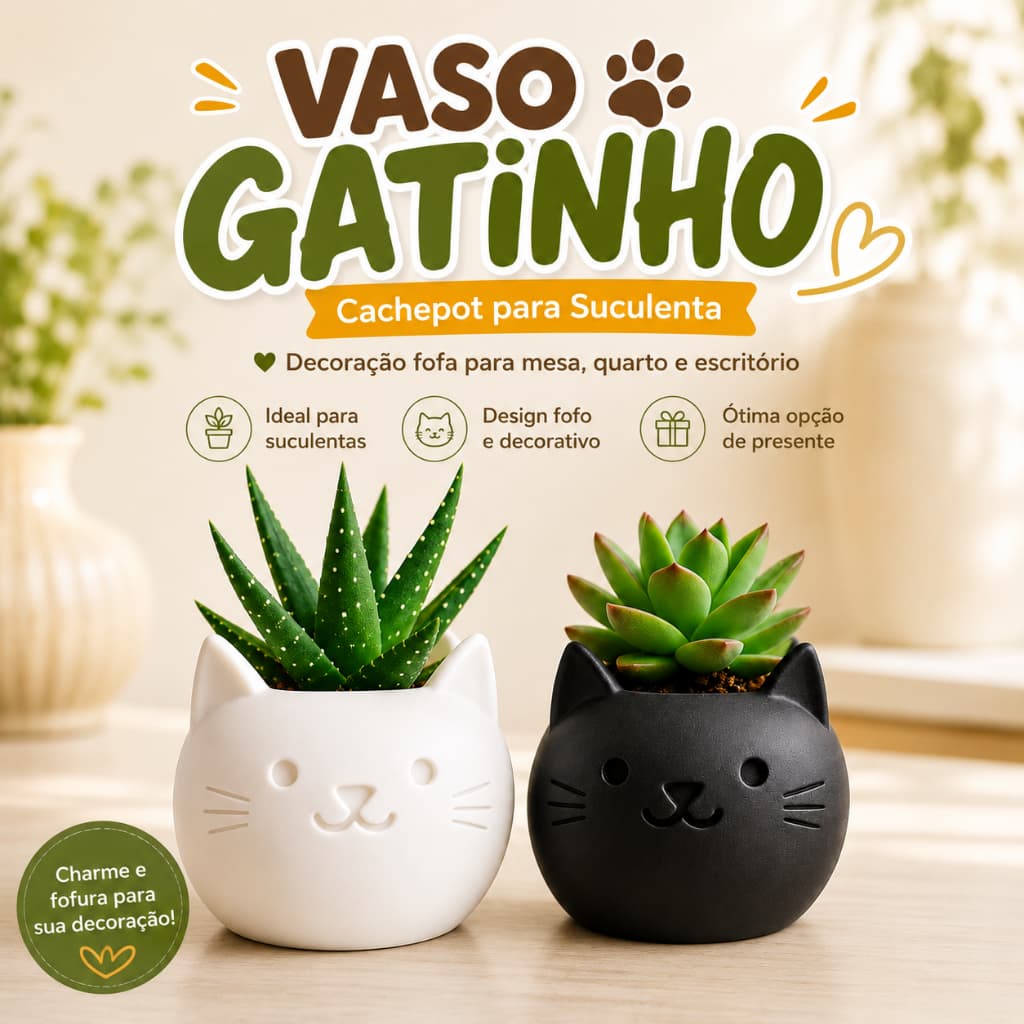 Vaso Gatinho Cachepot para Suculenta — Decoração Fofa Mesa Quarto Escritório