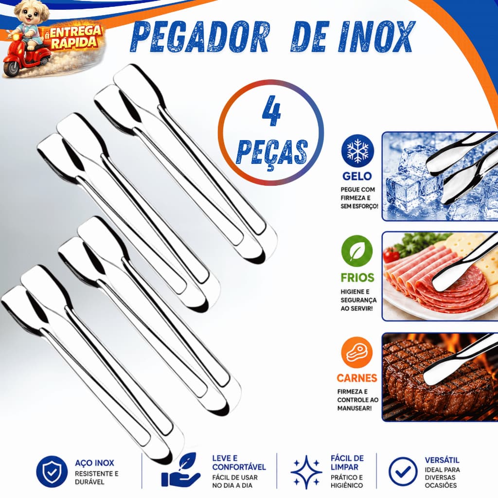 Kit 4 Pegadores Multiuso Inox Profissional Casa Restaurante Padaria Buffet Saladas Frios Carnes