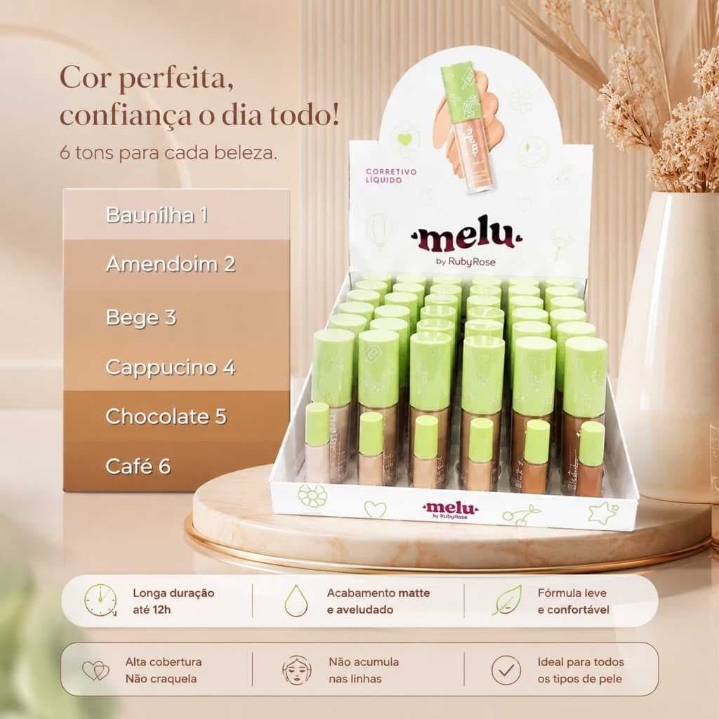 Corretivo Líquido Melu by Ruby Rose 5ml - Alta Cobertura, Acabamento Natural, Fórmula Vegana