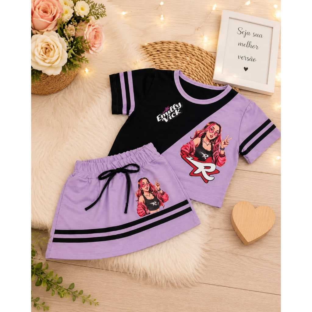 CONJUNTO  INFANTIL EMILY VICK BLUSA +SHORT SAIA EN MOLETINHO COM LISTRAS PRETAS