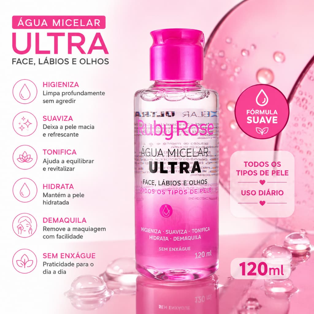 Água Micelar Ultra Ruby Rose 120ml – Face, Lábios e Olhos