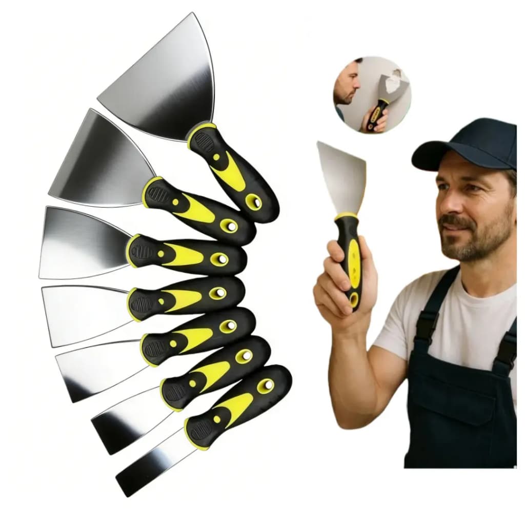 Kit Espátula Aço Inox Pintura Reforma Raspar Gesso Massa Corrida Pintor Drywal 7 Peças Cabo Emborrachado