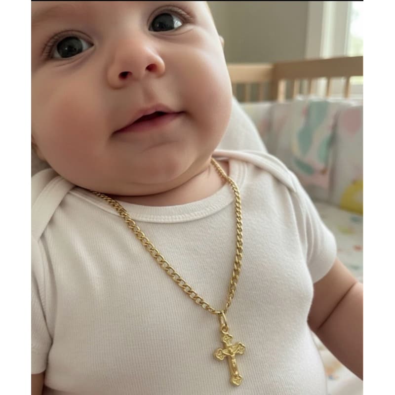 corrente baby bebê cruz religioso banhada a ouro aço inox