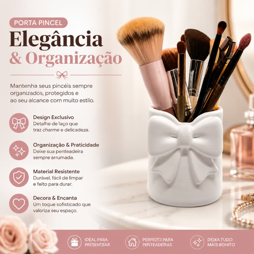Organizador de Maquiagem Porta Pincéis com Laço para Penteadeira Moderno Elegante e Prático